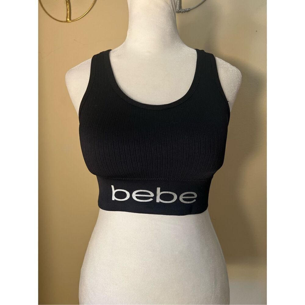 Bebe Black Ribbed Knit Athletic Sports Bra w Cut Outs Large